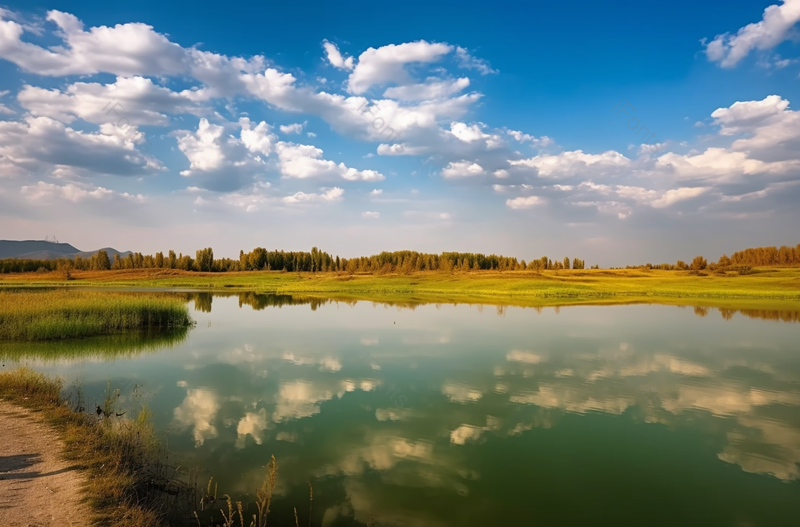 贵安新区月亮湖平静的湖面反射出蓝天白云无人场景图像摄影,高清,摄影图,摄影图片,图片大全,摄影图免费下载